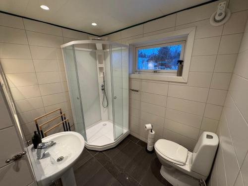 a bathroom with a shower and a toilet and a sink at Northbound Sea View Retreat in Sortland
