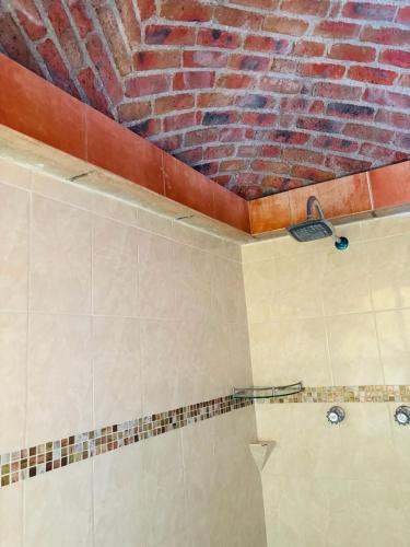 a bathroom with a brick wall and a shower at Hotel Plaza Macondo in Comonfort