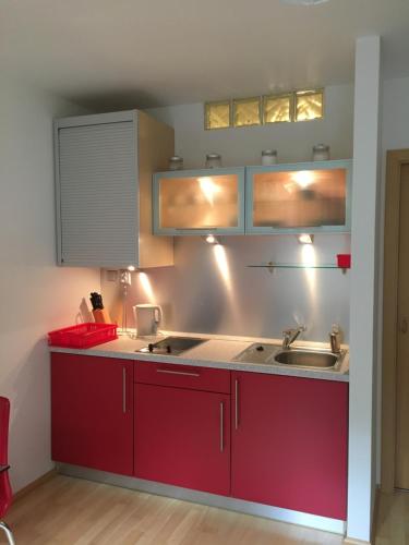 a kitchen with red cabinets and a sink at Apartmán u lesa, Srní 119 in Srní
