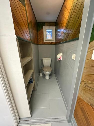 a small bathroom with a toilet and wooden ceilings at Appartement familial de 60 M2 in Angoulême