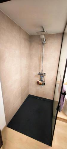 a shower with a black floor in a room at En aparté in Vielsalm
