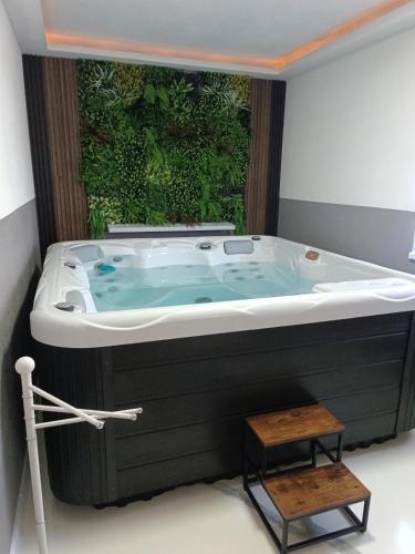 a jacuzzi tub in a room with a green wall at Jacuzzi Apartman in Karuše