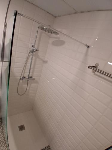 a shower with a glass door in a bathroom at San Atón apartamentos in Badajoz