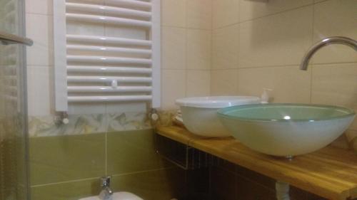a bathroom with a bowl sink and a shower at Apartment Frane Grobnik in Dražice