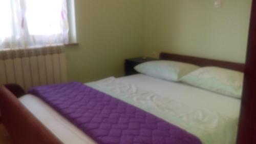 a bedroom with a bed with purple sheets and a window at Apartment Frane Grobnik in Dražice