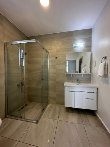 a bathroom with a shower and a sink at Kıbrıs Town House Menekşe in Aglantzia