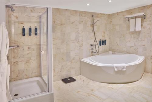 a bathroom with a shower and a tub and a sink at Hilton Antwerp Old Town in Antwerp