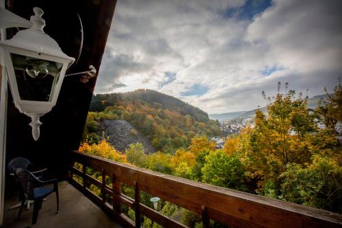 a balcony with a view of the mountains and trees at Berghotel-Willingen in Willingen