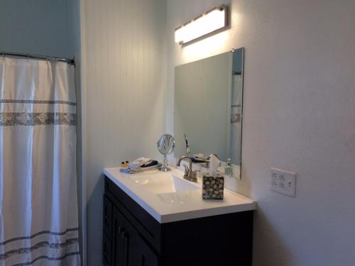 a bathroom with a sink and a mirror at Wide River Winery Inn in Le Claire