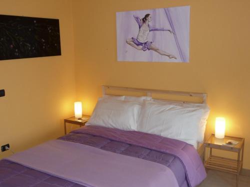 Casaleggio NovaraにあるAmetistaのベッドルーム1室(ランプ2つ、絵画付)