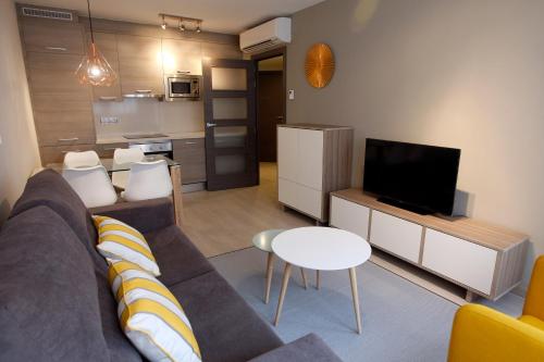 a living room with a couch and a tv at Apartamentos Real Lleida in Lleida