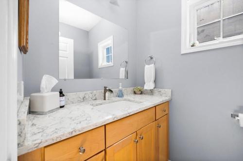 a bathroom with a sink and a large mirror at Midcentury Getaway: Walk to Everything! in Traverse City