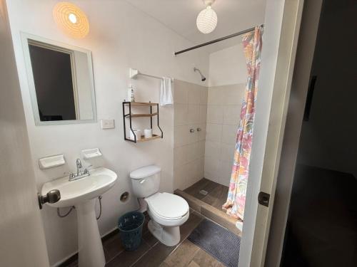 a bathroom with a white toilet and a sink at Suites Apodaca in Monterrey