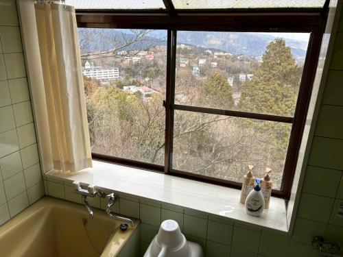 a bathroom with a window and a bath tub and a sink at Atami Ocean & Star Cottage in Atami