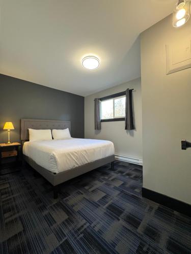 a bedroom with a large bed and a window at Kokanee Glacier Resort in Nelson