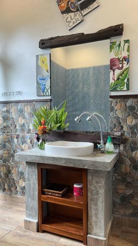 a bathroom with a sink and a mirror at The Winaposa in Munduk