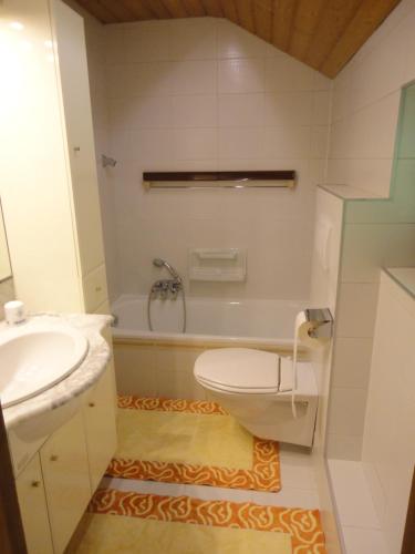 a bathroom with a tub and a toilet and a sink at Ferienhaus Burgblick in Treffen