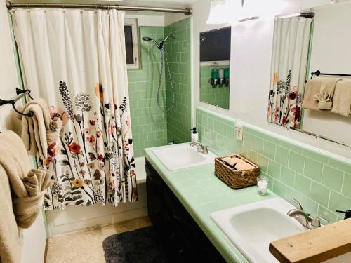 a bathroom with a sink and a shower at Riverfront with EV charger - Sequoia River Cottage in Three Rivers