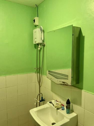 a green bathroom with a sink and a mirror at PG Vacation Rental in Lapu Lapu City