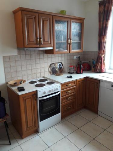 a kitchen with wooden cabinets and a white stove top oven at Lipno Lake House in Přední Výtoň