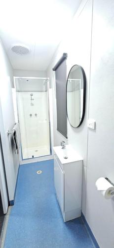 a bathroom with a white sink and a mirror at Drummond Cove Holiday Park in Drummond Cove