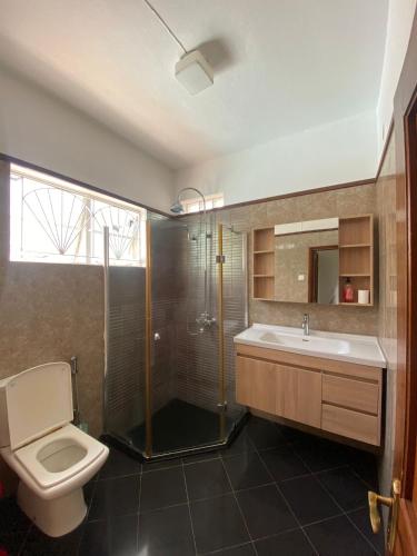a bathroom with a shower and a toilet and a sink at Solmera Villa in Grand-Baie