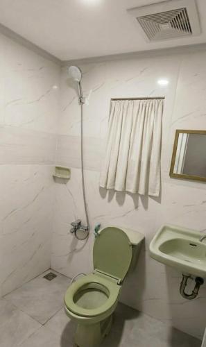 a bathroom with a green toilet and a sink at Thai Nee Homestay in Manila