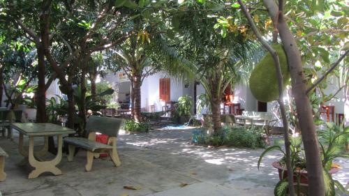 un patio con árboles, un banco y mesas en Duc Thao Guest House, en Mui Ne