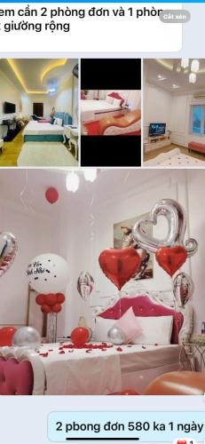 a collage of photos of a bedroom with hearts and balloons at Luxury hotel t&l in Cẩm Phả