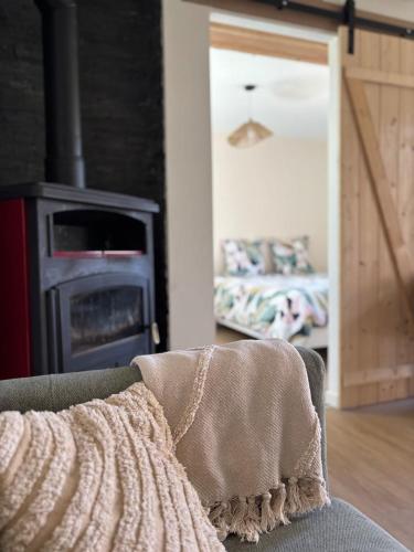 a blanket sitting on a couch in a living room with a fireplace at Chalet et étang, exclusivement privée in Manzat