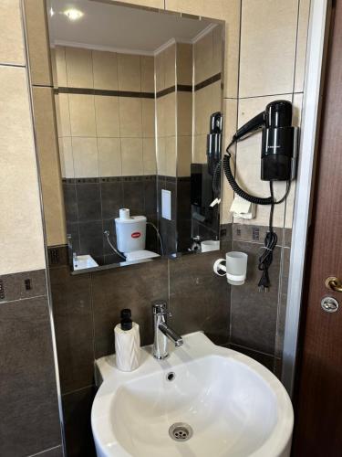 a bathroom with a sink and a mirror at Къща за гости Девина in Devin
