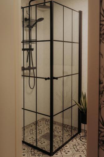 a shower in a bathroom with a glass door at Villa Fjellheim in Luster