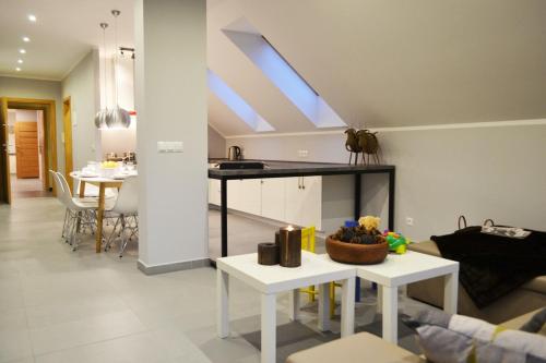 ein Wohnzimmer mit einem Sofa und einem Tisch in einem Zimmer in der Unterkunft Apartamenty 66 c in Wisła