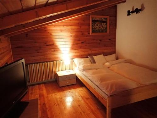 シュチルクにあるDom Pod Beskidem Szczyrkの木製の壁のベッドルーム1室(ベッド2台付)