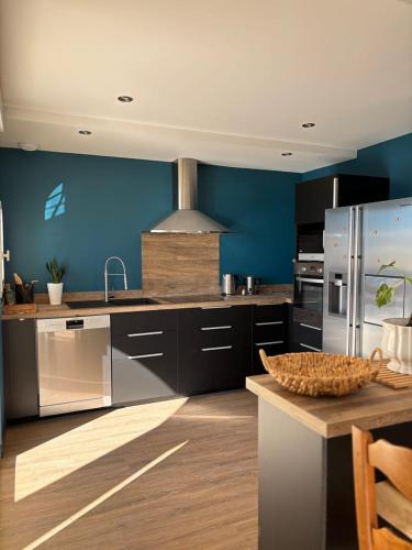 a kitchen with blue walls and stainless steel appliances at la casa bella vista in Enval
