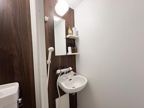 a bathroom with a white sink and a mirror at Hotel Livemax Budget Kagoshima Tenmonkan in Kagoshima