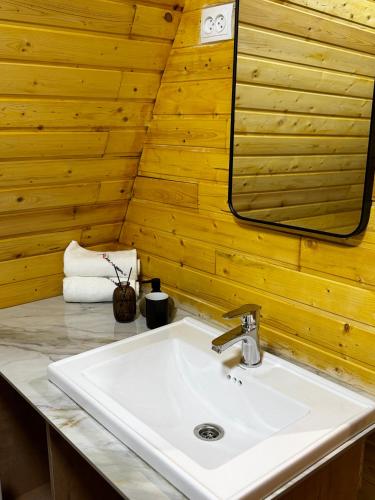 a bathroom with a sink and a mirror at Son-Kul A-Frame & Yurt Camp in Song-Kul