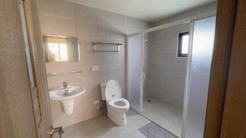 a bathroom with a toilet and a sink and a shower at Grass in the Wind B&B in Magong