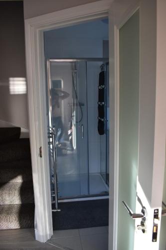 a glass shower door in a room with stairs at Alensgrove Maisonette D in Leixlip