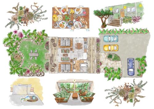 a collage of architectural drawings of a house at Villa UUJI-KAZE ヴィラ ウージ カゼ in Nanjo