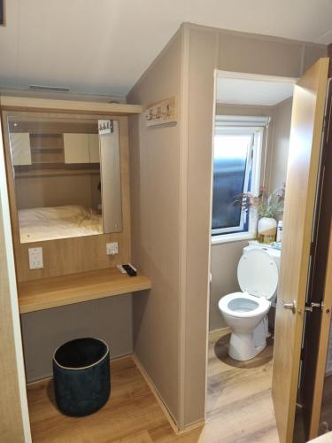 a small bathroom with a toilet and a window at Stacaravan 161 Capfun camping Bongerd 5 sterren Gezin 5 personen in Tuitjenhorn