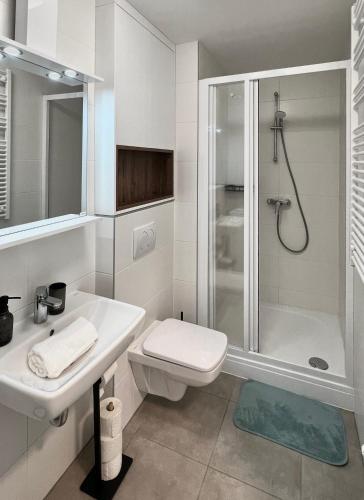 a bathroom with a toilet and a sink and a shower at SzemesBay Apartment by BLTN in Balatonszemes