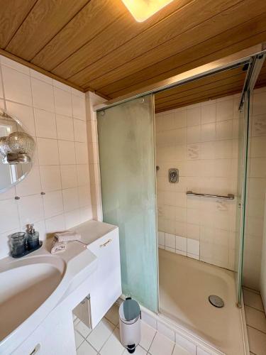 a bathroom with a sink and a shower at geräumiges Monteurapartment 2 in Bensheim mit Parkplatz in Bensheim
