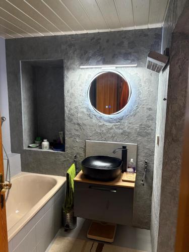 a bathroom with a sink and a bath tub at Capybara Guest House in Spittal an der Drau