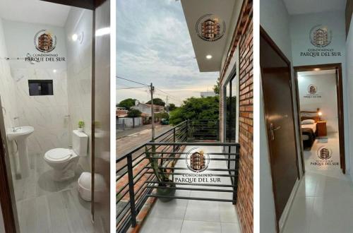 two pictures of a bathroom with a toilet and a balcony at Apartamento minimalista con balcón in Fernando de la Mora