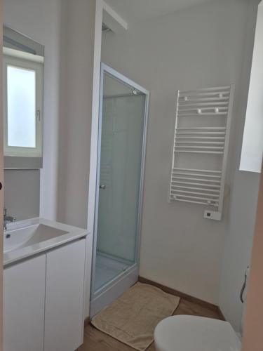 a bathroom with a shower and a sink and a toilet at St FURSY 2 in Péronne