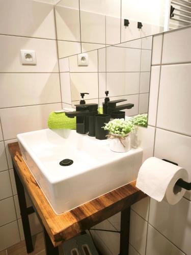 a bathroom with a white sink and a mirror at Vila Olivín - Private rooms with bathroom in Banská Bystrica