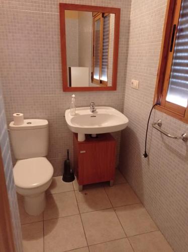 a bathroom with a toilet and a sink and a mirror at Complejo Turístico Fuenmayor in Torres