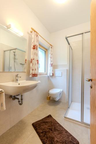ein Badezimmer mit Waschbecken, Toilette und Dusche in der Unterkunft Zischgalm in Obereggen