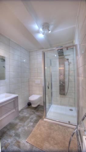 une salle de bain avec une douche, un lavabo et des toilettes dans l'établissement Studio Vieux Port 3 étoiles, à Cannes